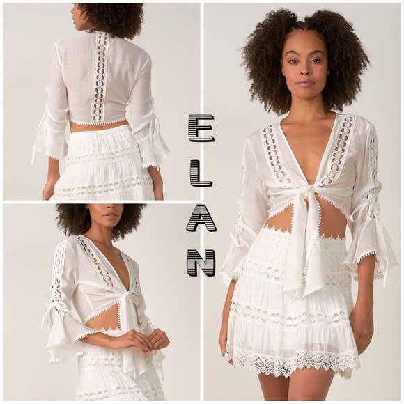 Elan Tops - Elan Crochet Tie Front Crop Top White lightweight bell sleeve tie front. Size L
